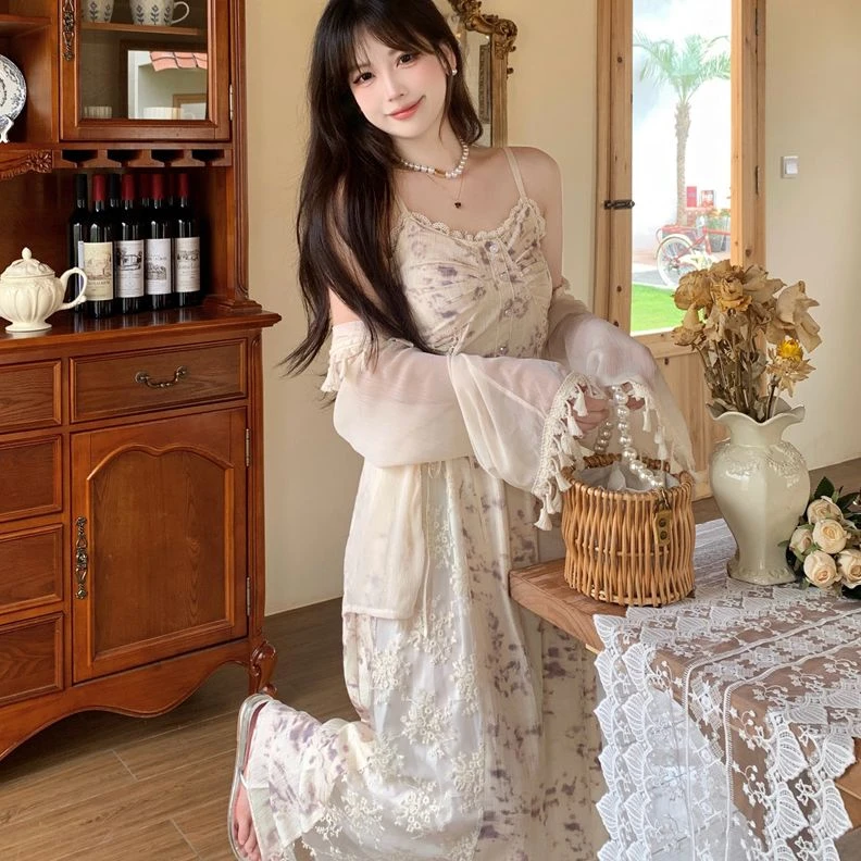 胖颖专属大码春夏季新款气质温柔碎花仙气吊带裙+开衫套装7536