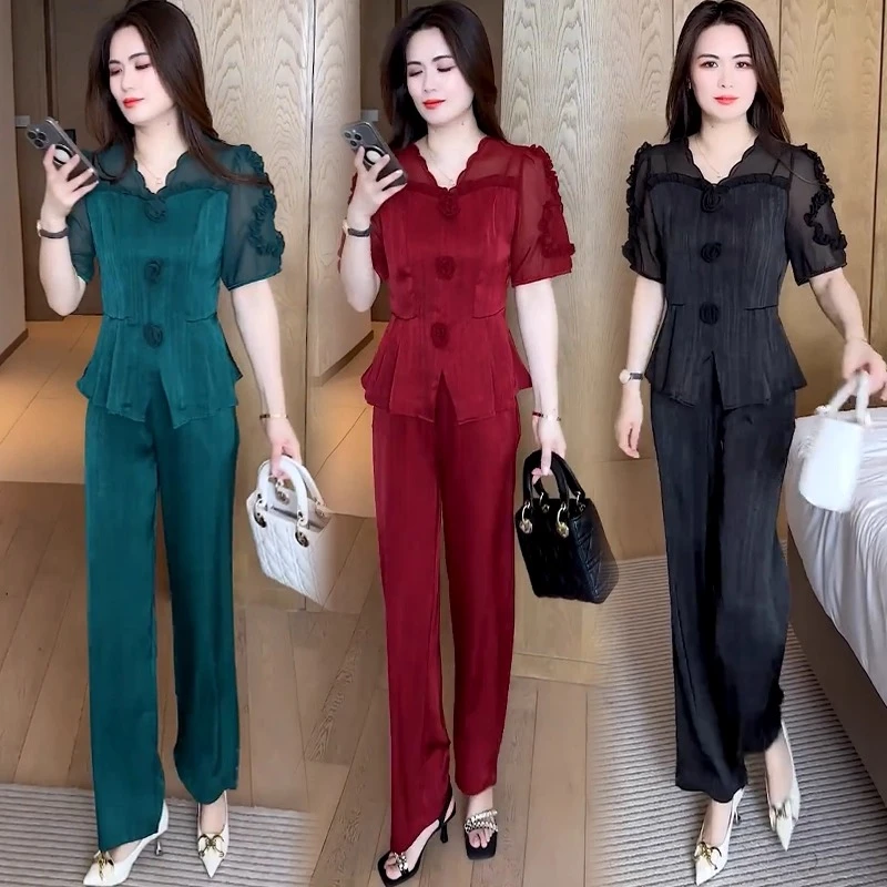 冰丝时尚套装女2025夏季新款洋气遮肉显瘦短袖上衣阔腿裤两件套潮
