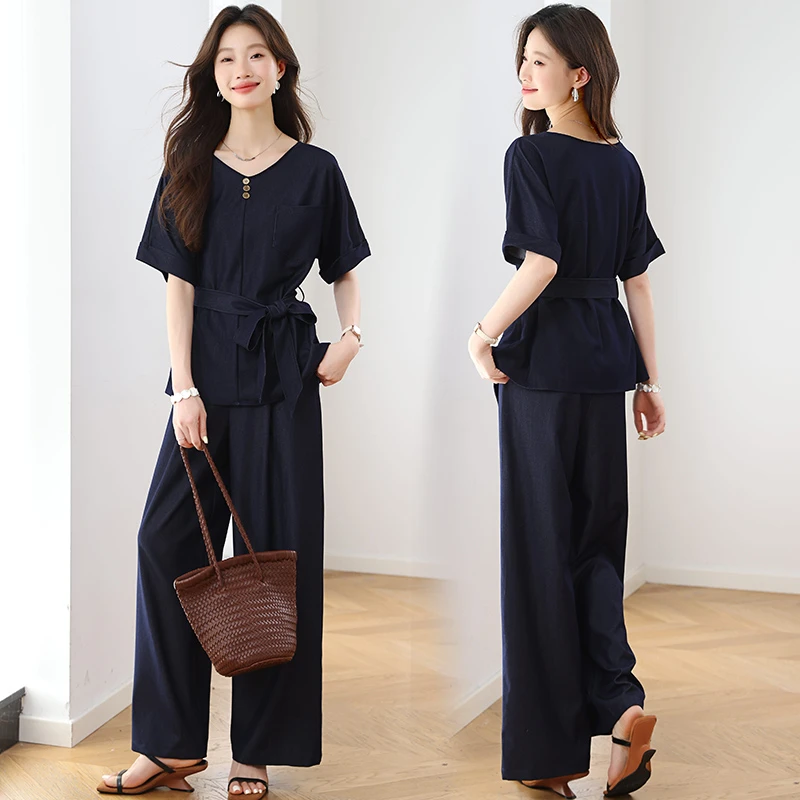 松弛感休闲收腰套装女2025夏季新款韩系洋气通勤气质阔腿裤两件套
