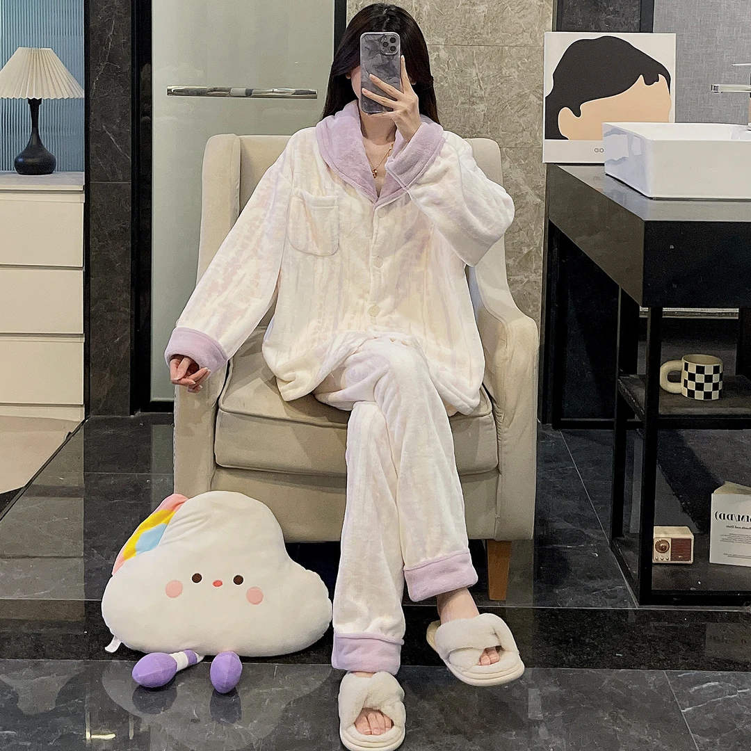 2025新款珊瑚绒睡衣女秋冬季大码加厚法兰绒可外穿紫条套装家居服