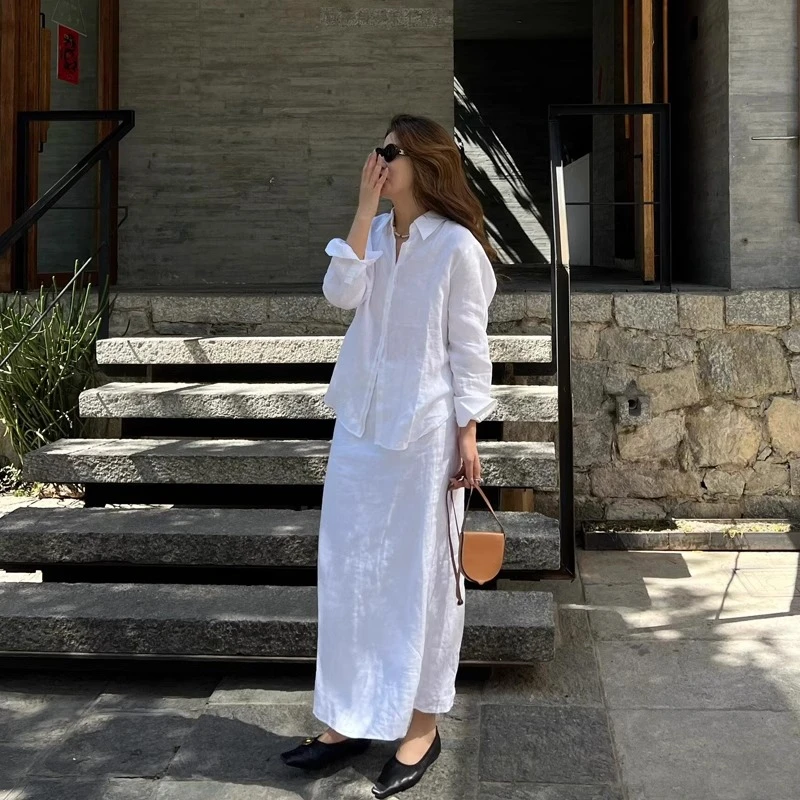 白色棉麻套装女夏2025韩系百搭时尚休闲度假风防晒衣半身裙两件套