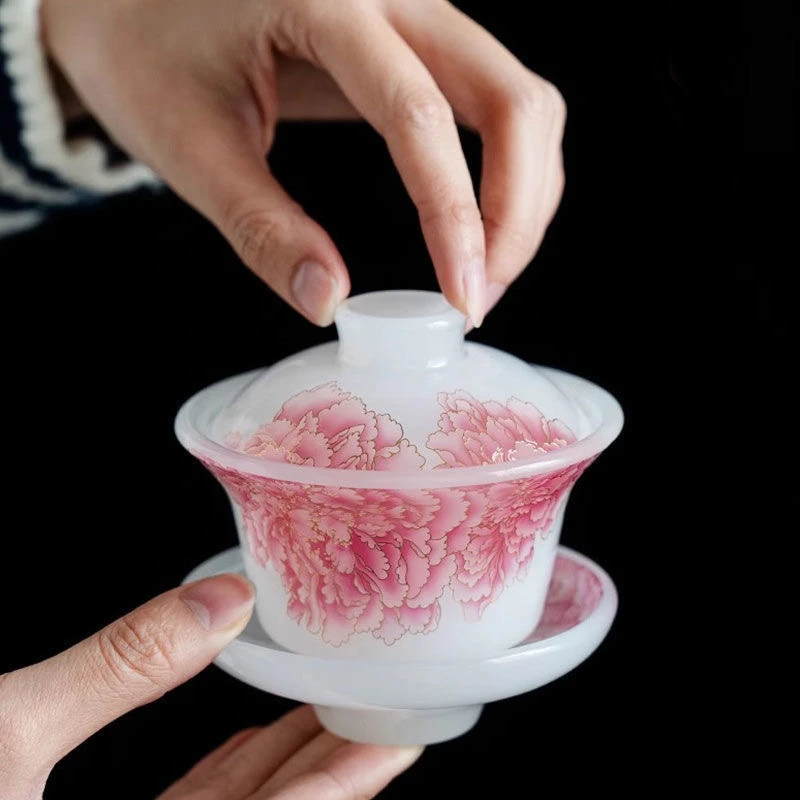 琉璃牡丹花三才盖碗T407