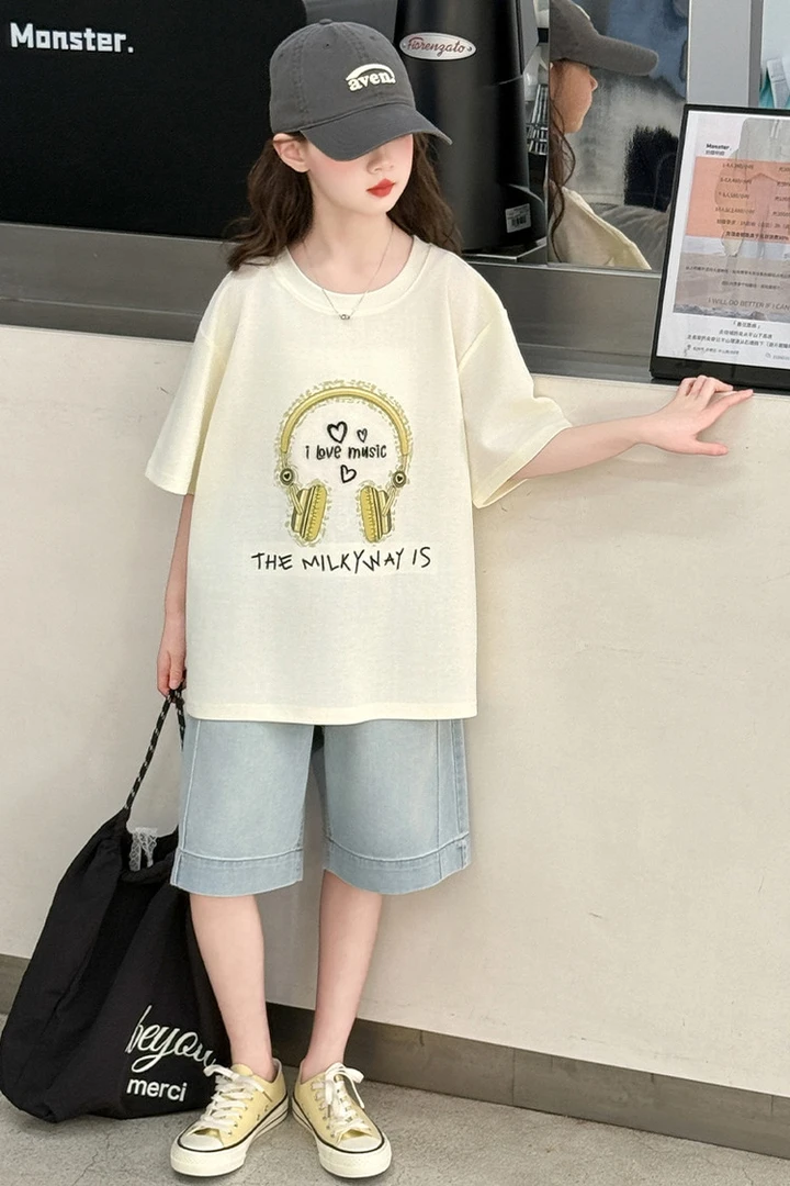 女童夏装套装2025新款儿童洋气休闲中大童短袖T恤牛仔中裤两件套