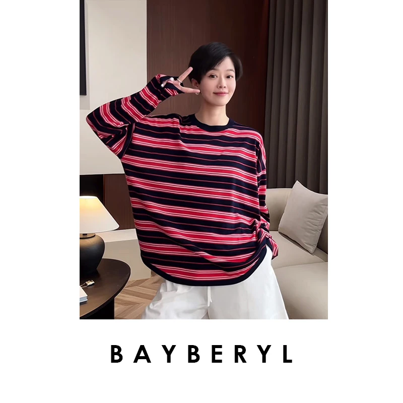 BAYBERYL老贝非正式风条纹撞色圆领薄针织衫秋 ZZS4H0222