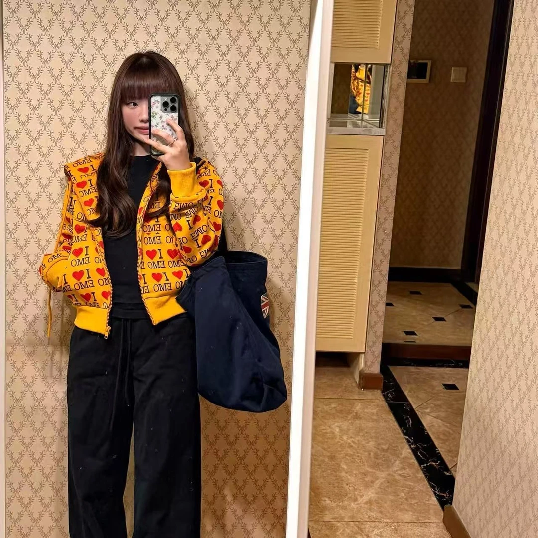 纯棉美式复古字母爱心长袖卫衣开衫女设计感宽松休闲潮牌高街外套