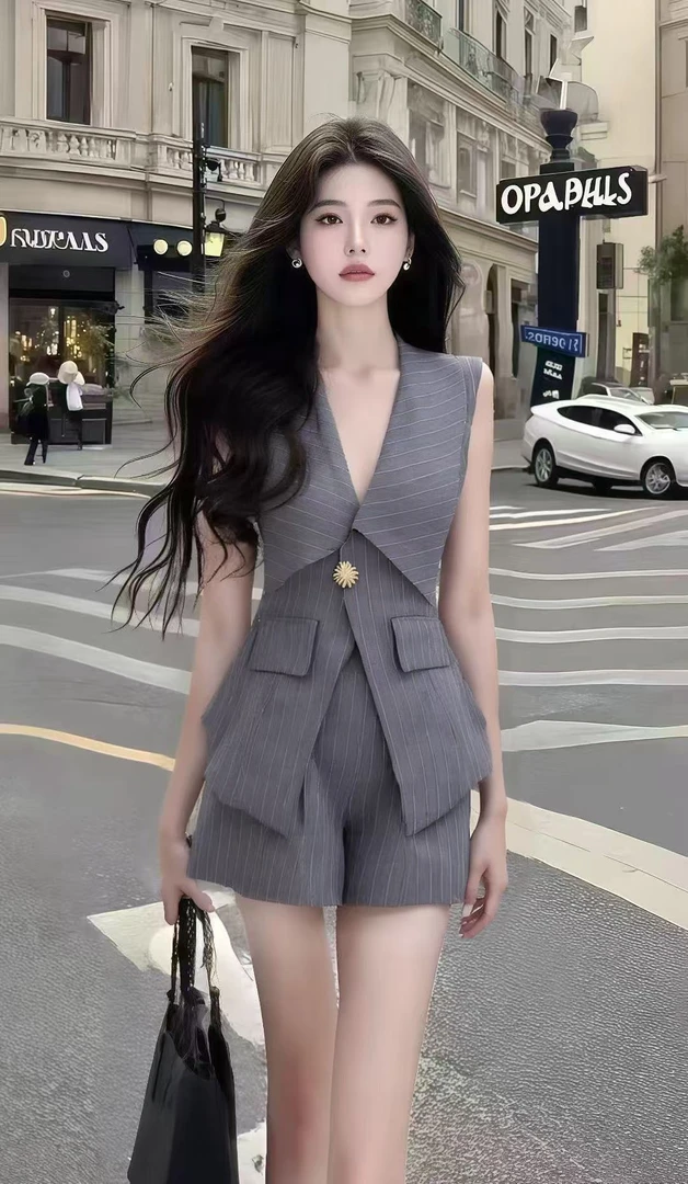 时尚气质显瘦休闲风穿搭灰色条纹V领无袖不规则上衣+灰色短裤套装