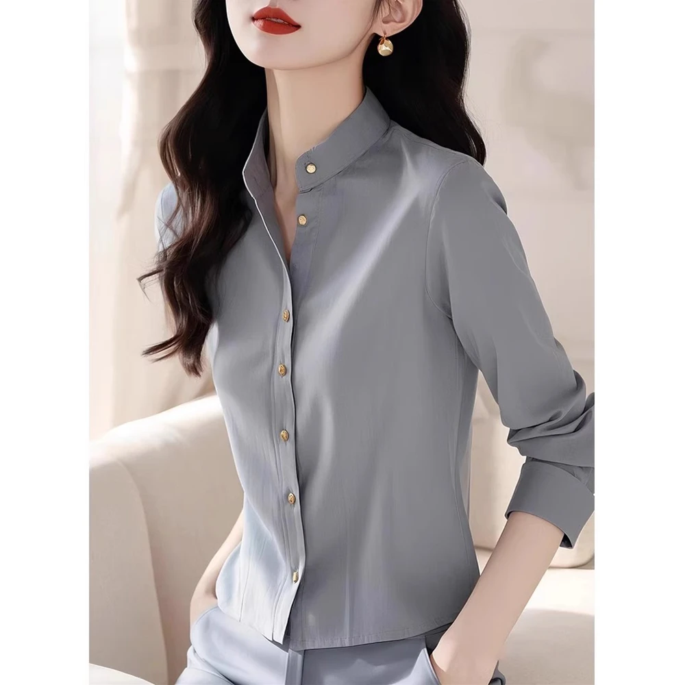 春季法式高级设计感立领灰色衬衫女独特别致超好看漂亮长袖上衣
