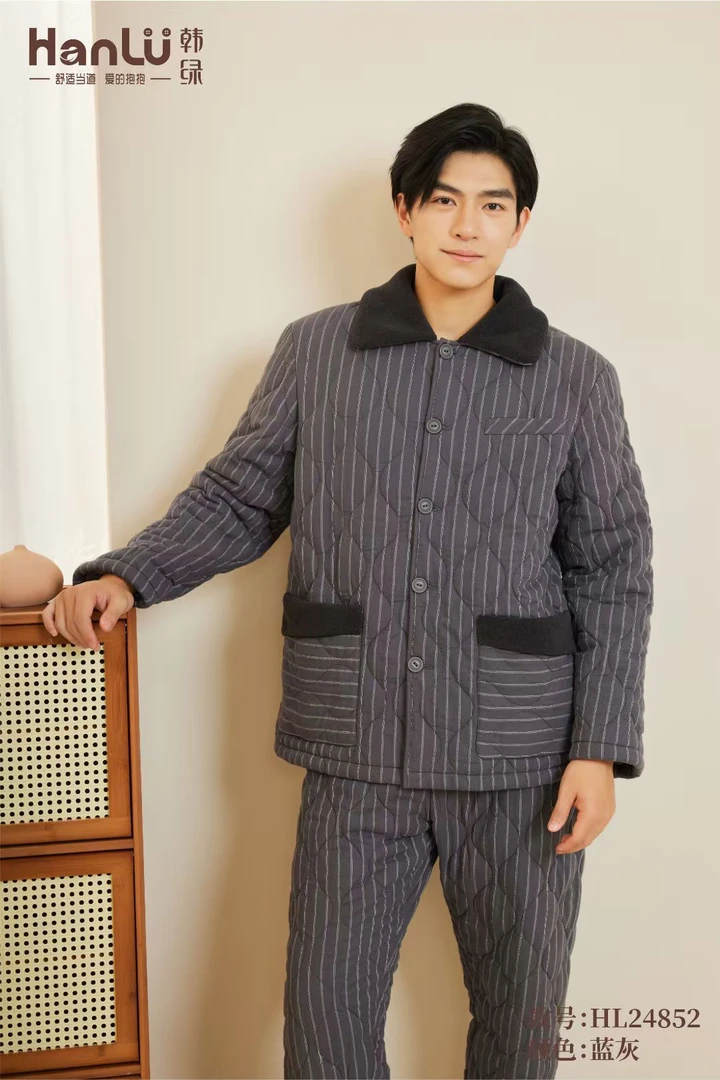 男士冬季加厚加棉三层保暖纯棉秋冬款家居服睡衣