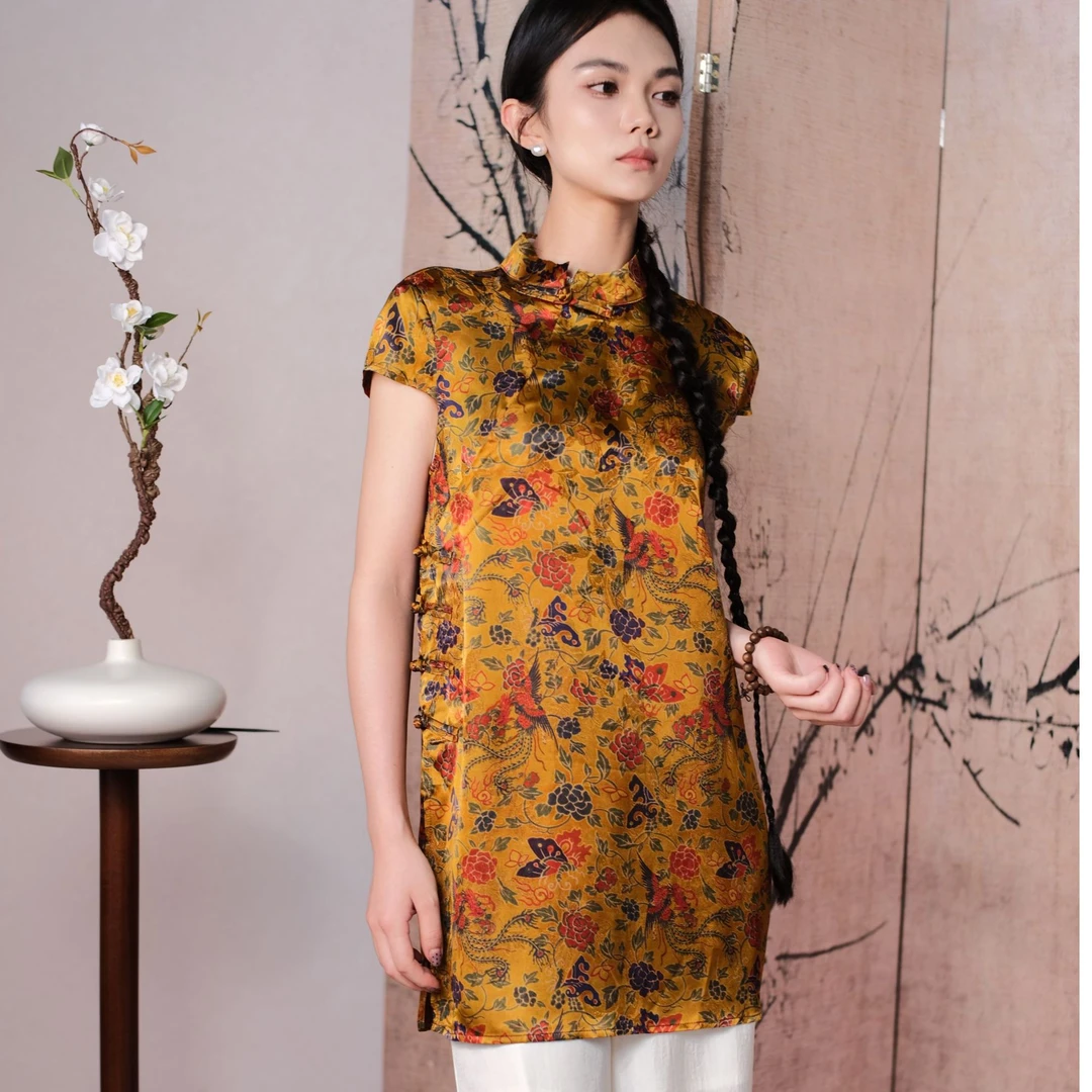 CHEN HENG立领气质常规上衣老料斜襟短袖提花薄款长款女装
