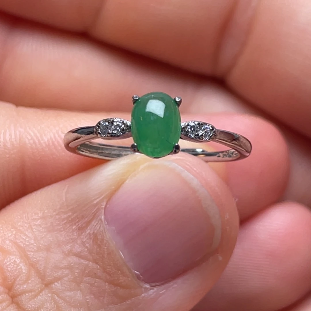 翡翠戒指银S925镶嵌纯天然缅甸翡翠