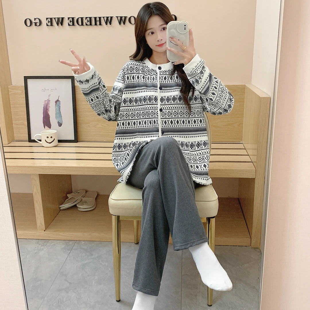 秋冬季睡衣女长袖长裤休闲款冬季保暖慵懒风女士家居服套装可外穿