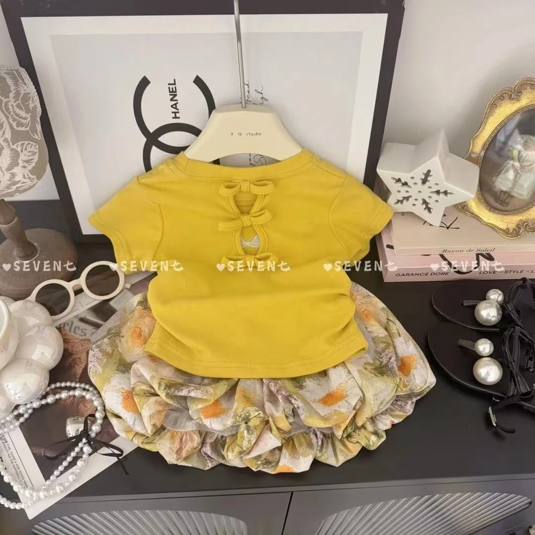 女童夏款套装2025最新款女宝宝后背蝴蝶结T恤上衣花苞短裤两件套