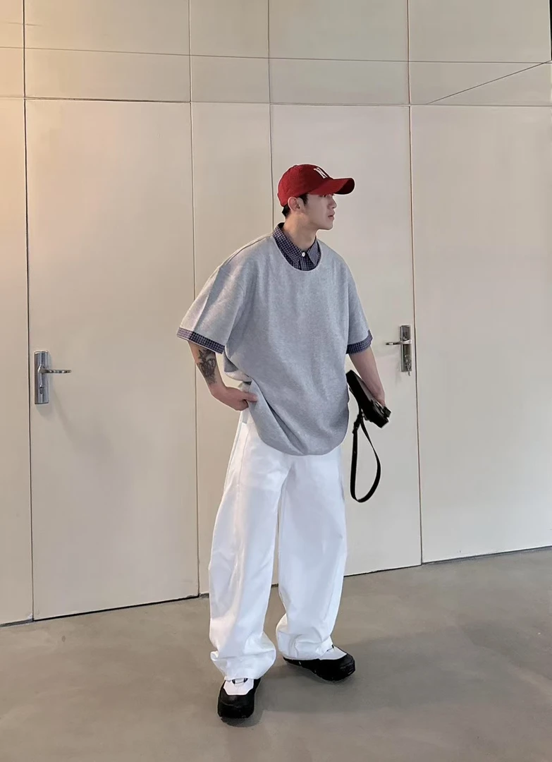 ACME 「MIU风 假两件」通勤翻领格子短袖t恤男宽松落肩情侣半袖潮