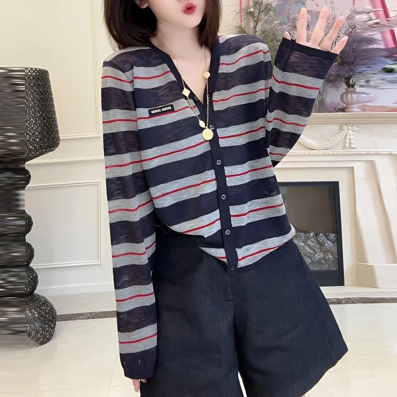 韩版撞色条纹V领长袖针织开衫女2025早秋新款设计感宽松显瘦上衣