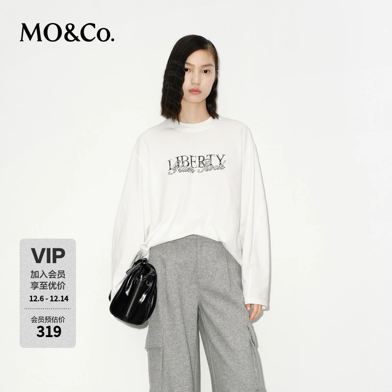 MOCO长袖T恤冬棉质复古印花宽松落肩百搭上衣MBD4TEET02