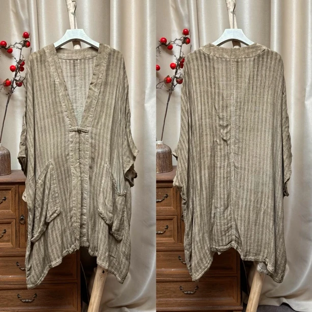 013亚麻草木染做旧条纹外披（衣长85胸围160）