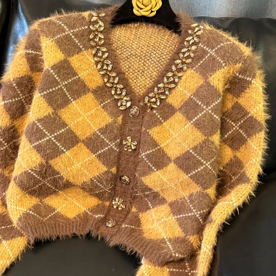 秋冬气质宽松显瘦撞色开衫通勤纯色羊毛针织衫小个子毛衣开衫女