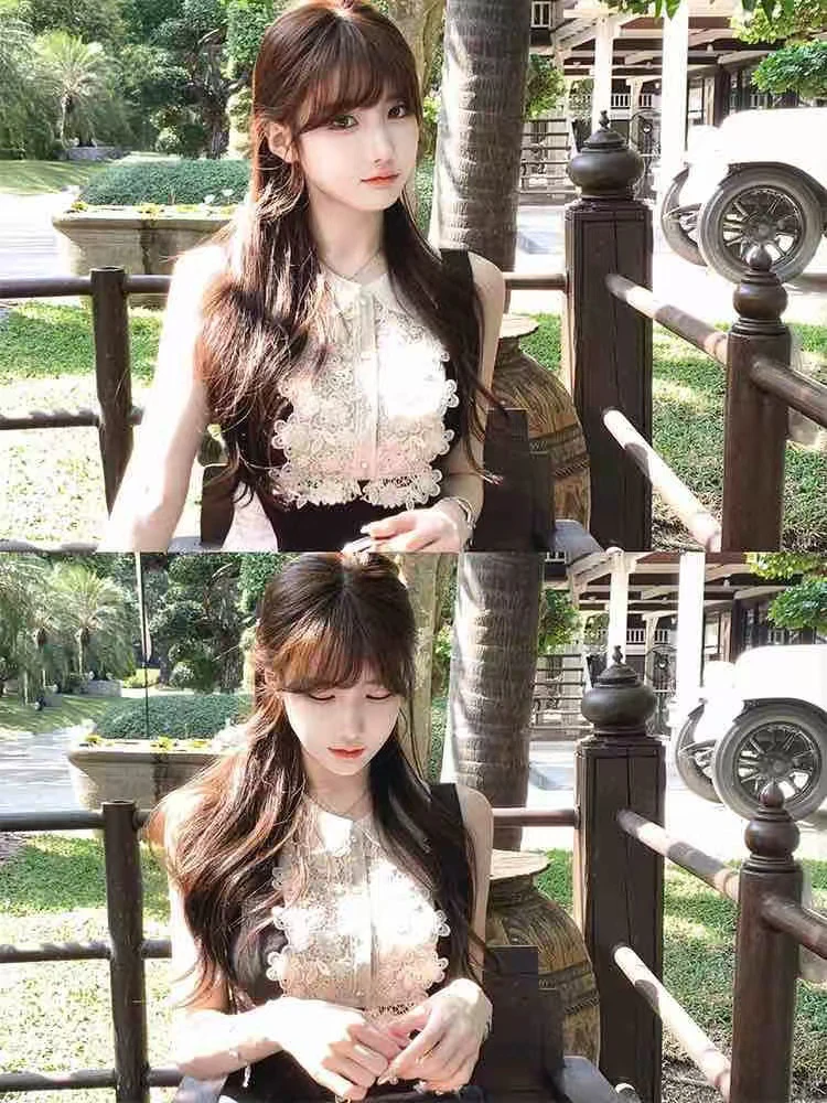 明星同款蕾丝拼接娃娃领法式千金MIU系复古无袖收腰小黑裙连衣裙