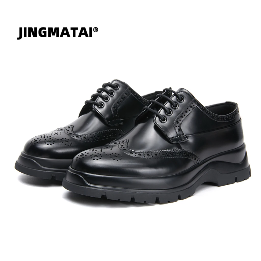 JINGMATAI2025新款男士秋季雕花厚底休闲商务皮鞋圆头英伦风黑色