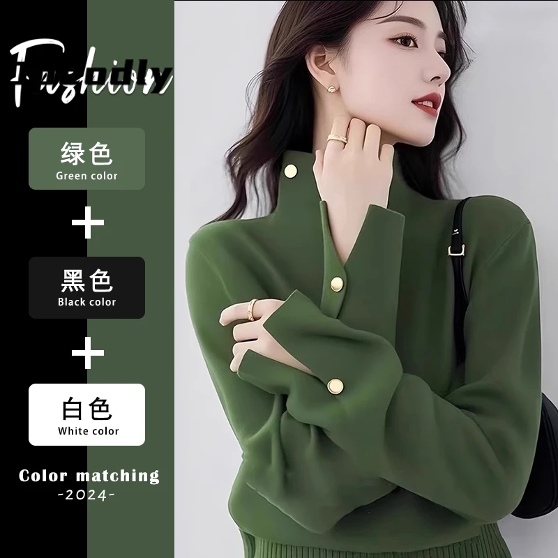 Opeodly绿色高领内搭针织毛衣女2025新款冬季跨年穿搭老钱风上衣