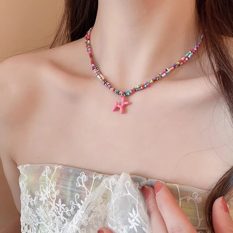铜树脂项链  多巴胺气球狗彩色串珠双层项链女夏季轻奢锁骨链颈链