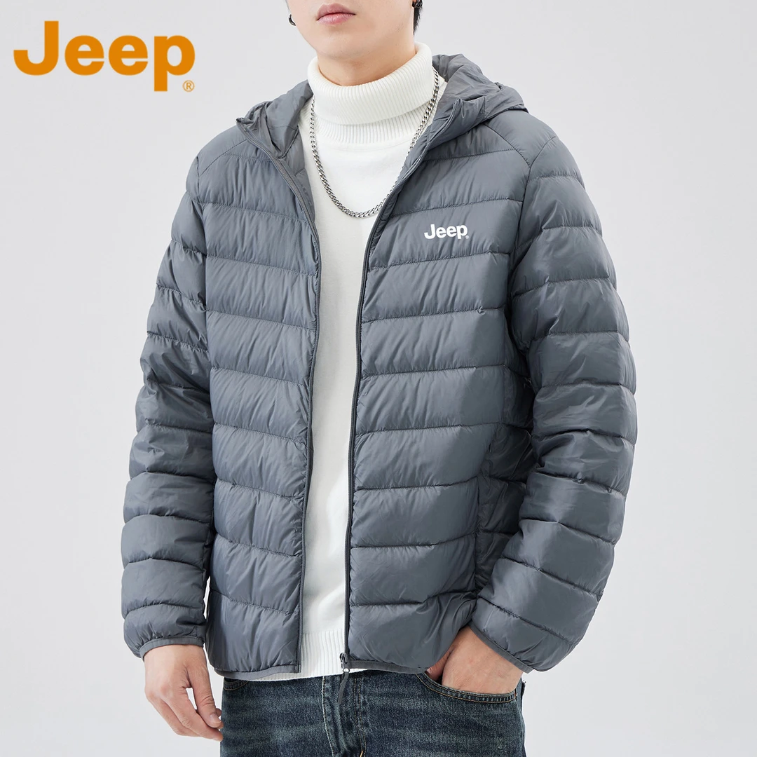 JEEP吉普轻薄排骨羽绒服男款冬季短款90白鸭绒连帽保暖防寒外套男