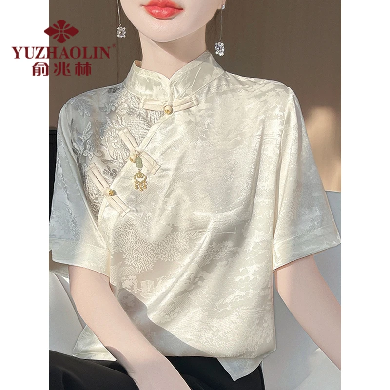 俞兆林国风立领盘扣短袖上衣复古轻奢大码新中式衬衫T恤感女印花