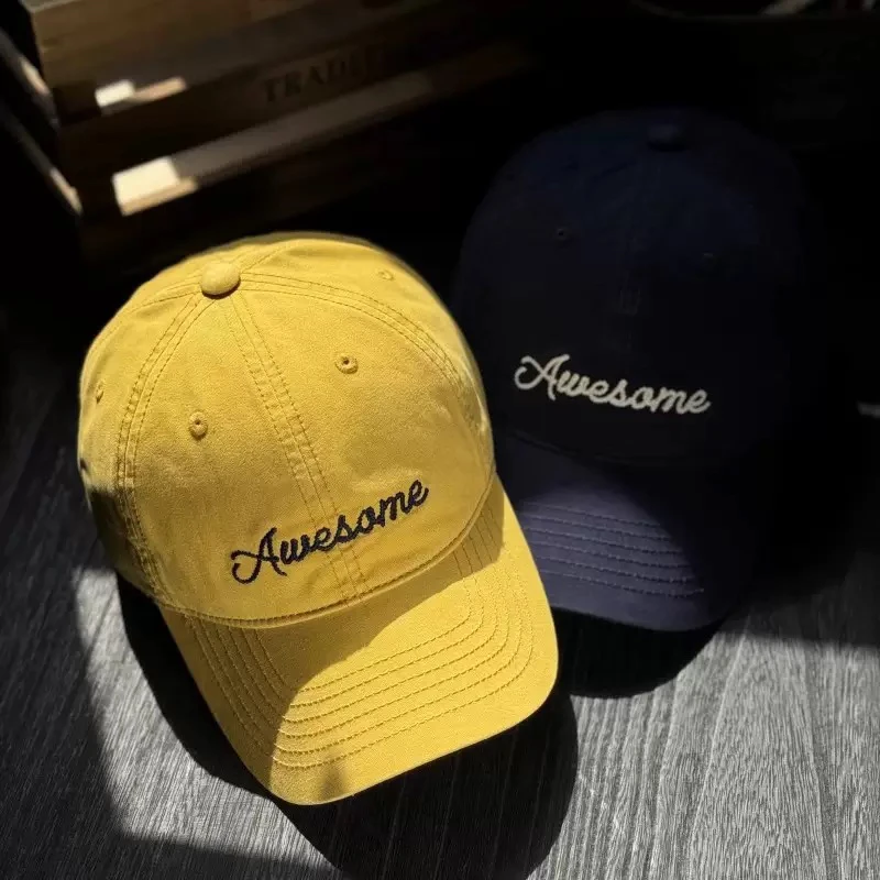 新款原创小众字母刺绣深顶大头棒球帽男鸭舌帽女黄色夏天亮色潮牌