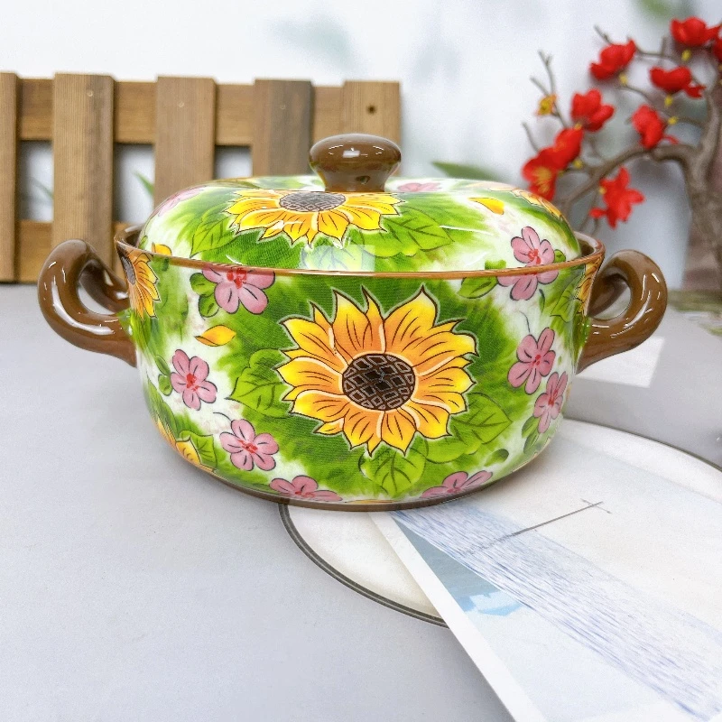 【欧礼HOME】向日葵系列9英寸双耳汤碗配盖家用陶瓷餐具