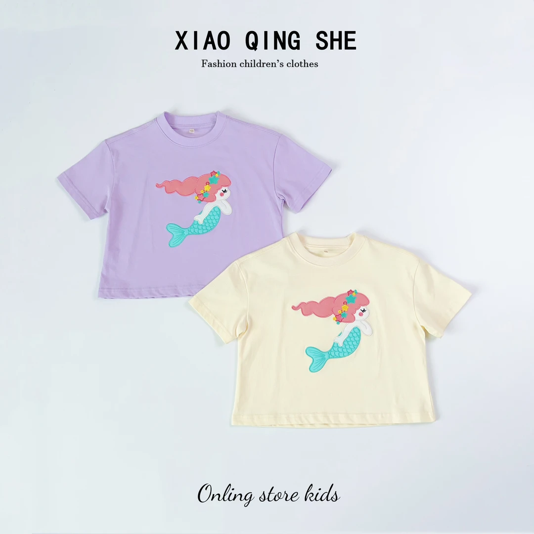 【晓倾奢现货】 女童童夏季滑爽棉纯棉美人鱼T恤短袖T恤 2097