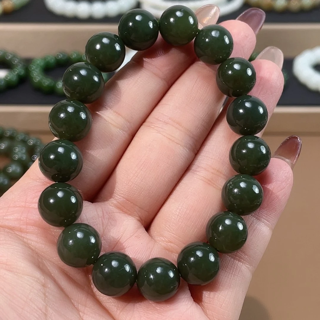 和田玉（碧玉）手链未镶嵌菠菜绿 12