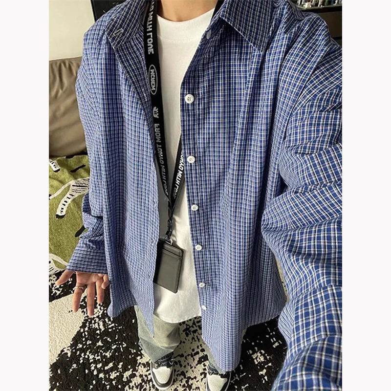 cleanfit蓝色格子衬衫男长袖春秋季慵懒风格纹衬衣设计感正肩寸衫