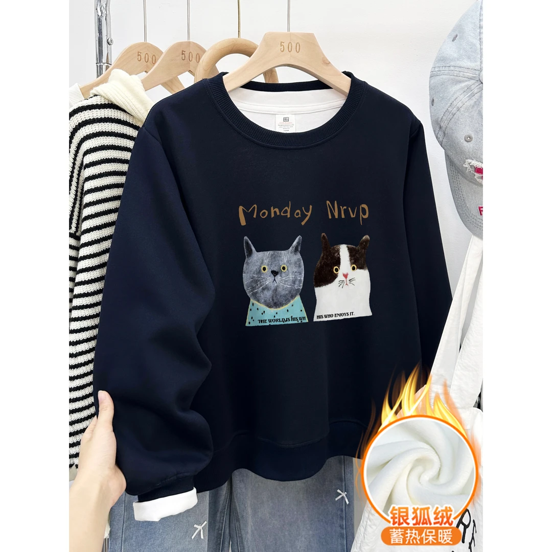 2025秋冬季加绒加厚套头卫衣女胖MM大码正肩印花宽松休闲圆领上衣