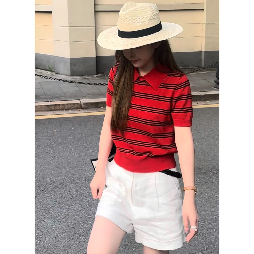 Yihouse【快乐女孩】纯棉上衣夏季经典款条纹POLO领短袖T恤Y808