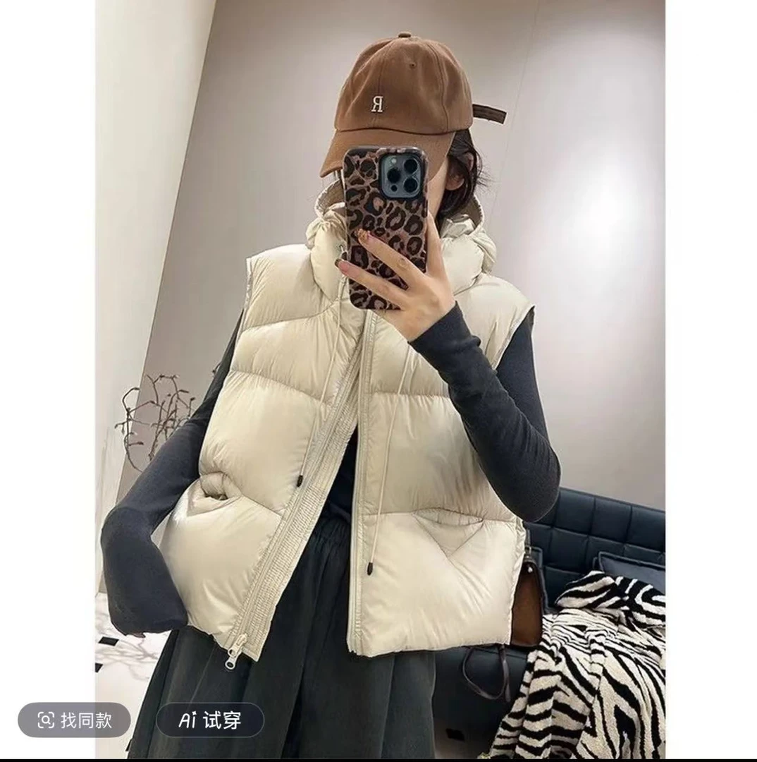 连帽哦马甲2025年新款加厚马夹短款宽松蓬松连帽小个子坎肩背心