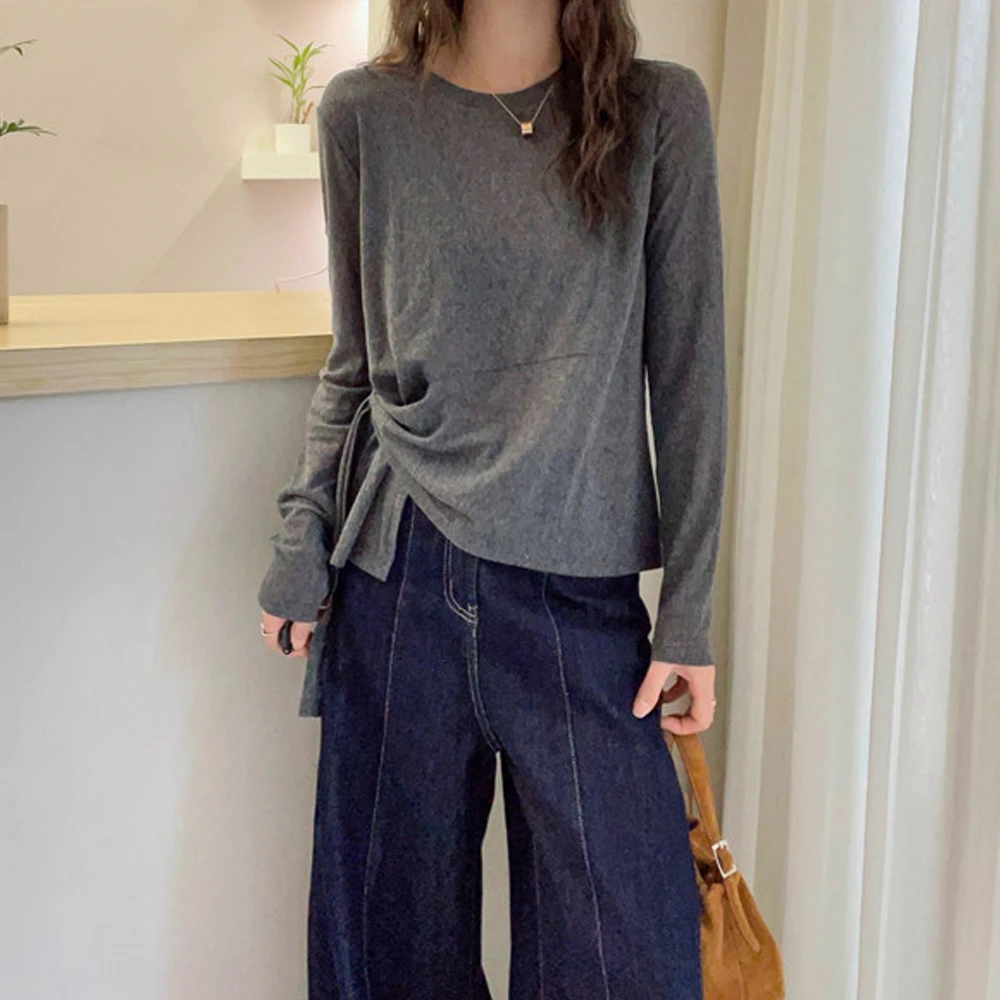 韩版宽松圆领侧边打结减龄小众设计感羊毛T恤衫秋季新款显瘦上衣