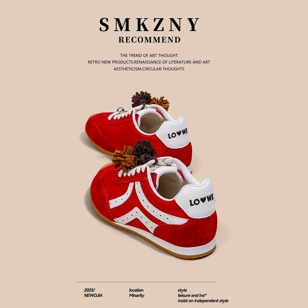 红色真皮内增高德训鞋女2025新款秋季百搭休闲运动板鞋绝美阿甘鞋