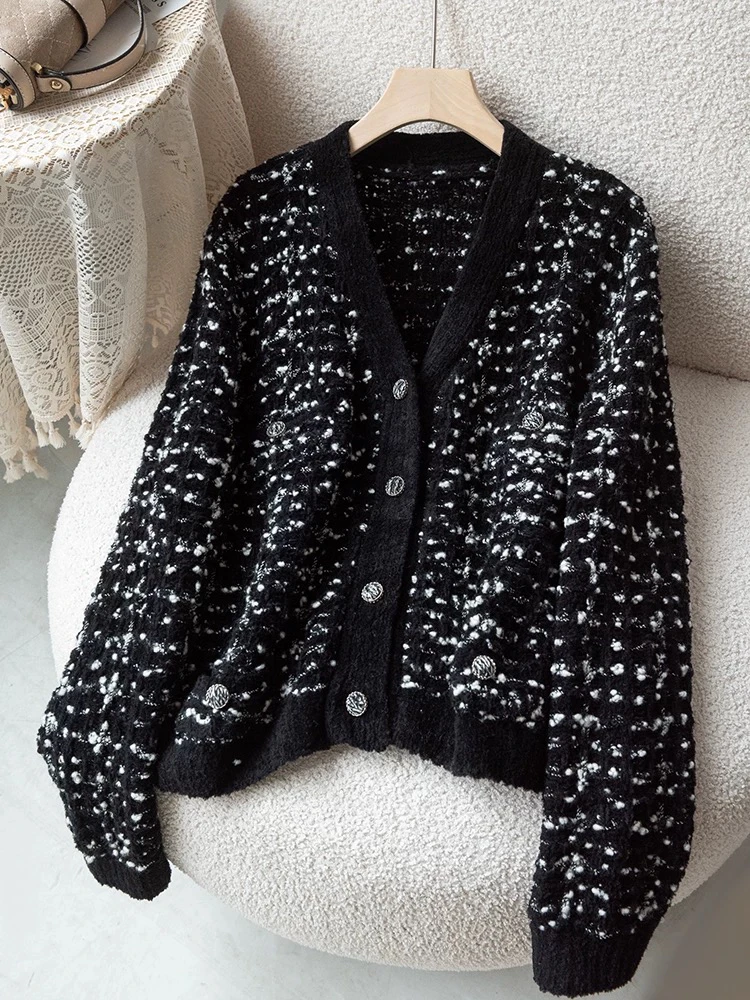 豆豆纱混色混织 全羊毛V领定制香风纽扣短款针织开衫上衣女