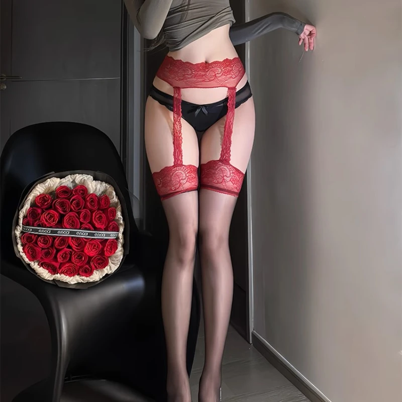 蕾丝花边吊带袜极光油亮性感高长筒袜网红同款镂空黑丝过膝大腿袜