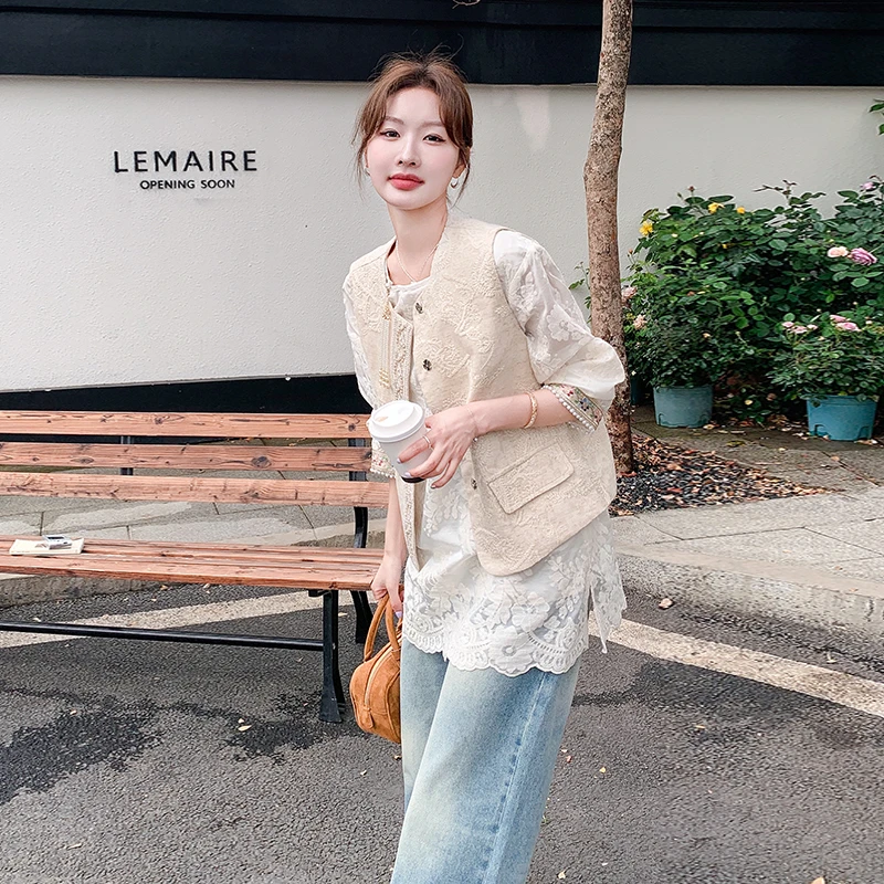 蕾丝小衫衬衣新中式国风马甲两件套女2025春季新款套装春季外套潮