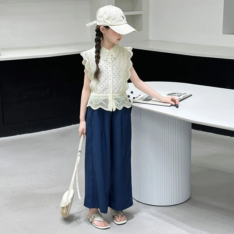 女童夏季千金风时尚套装2025新款夏装蕾丝短裤衬衫法式背心无袖