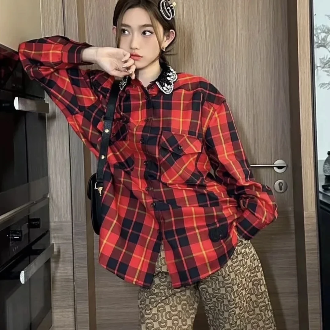 全新未使用 GUCCI/古驰 积分-288/汤/437713/重工领格纹衬衫外套