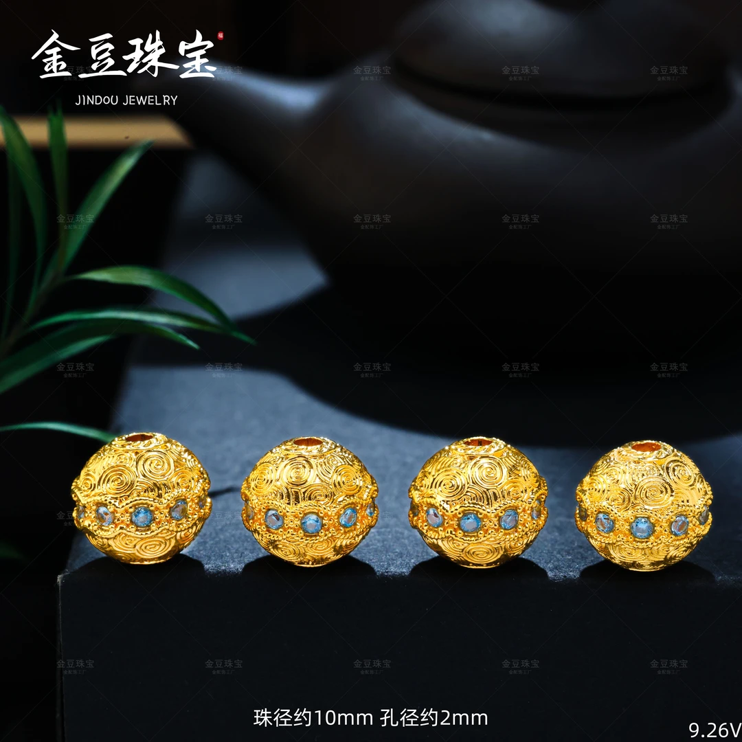 【金豆工厂】18K金约10mm托帕蓝水波纹卷枝纹大金珠转运珠（厚5D金）V