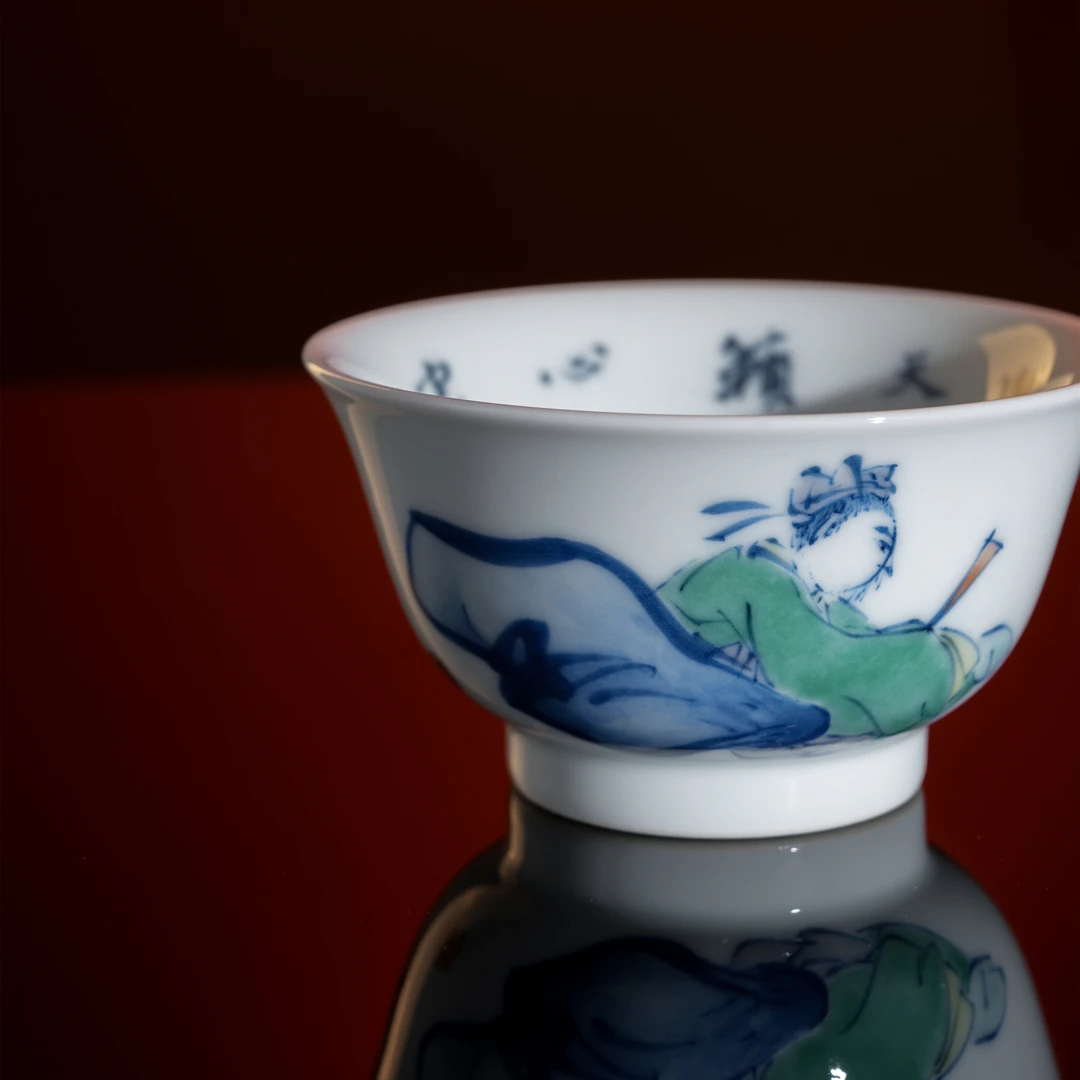 景德镇手工手绘方毅书安德宇画粉彩人物酒后一挥杯茶杯