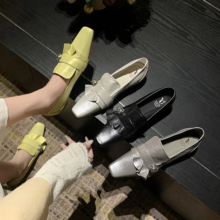 方头珍珠扣真皮单鞋简约气质百搭软底玛丽珍鞋时尚夏季春季粗跟