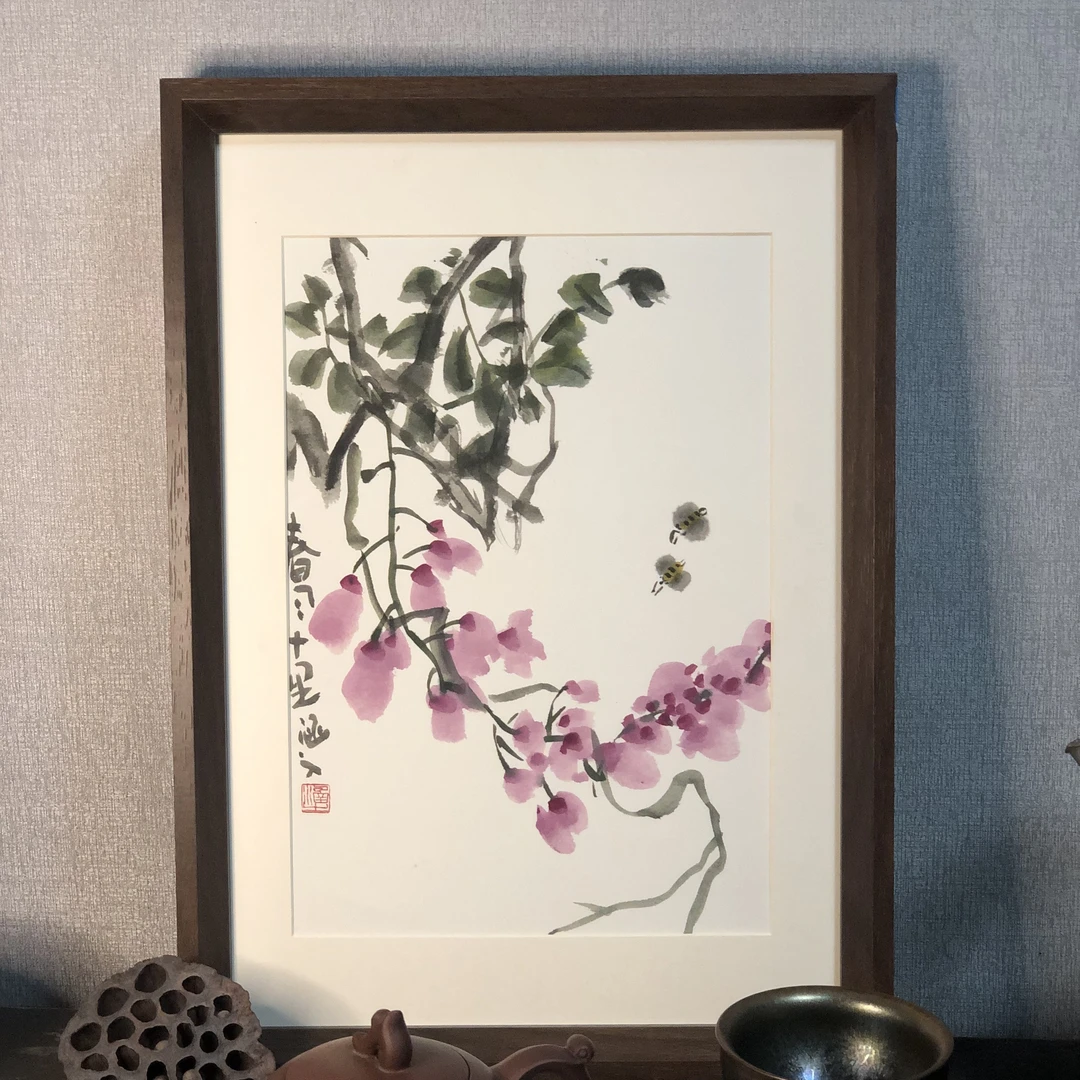 手绘国画花鸟紫藤紫气东来A4卡纸画芯不带框
