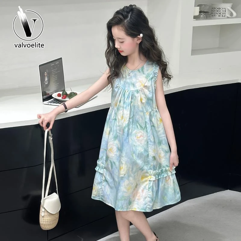 VALVOELITE女童夏装连衣裙薄款洋气甜美无袖公主裙中大童碎花裙子