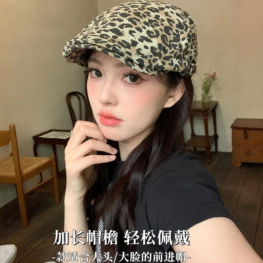 复古豹纹前进帽女四季薄款个性显脸小辣妹鸭舌帽潮酷亚百搭贝雷帽