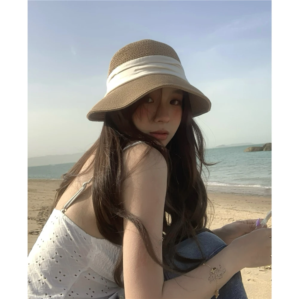 度假风~百搭！日系气质优雅织带透气草编渔夫帽女夏海边遮阳草帽