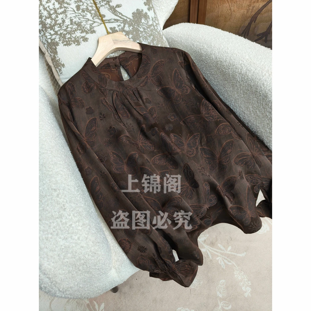 530新中式圆领喇叭袖长袖上衣时尚百搭复古提花夏季宽松套头气质